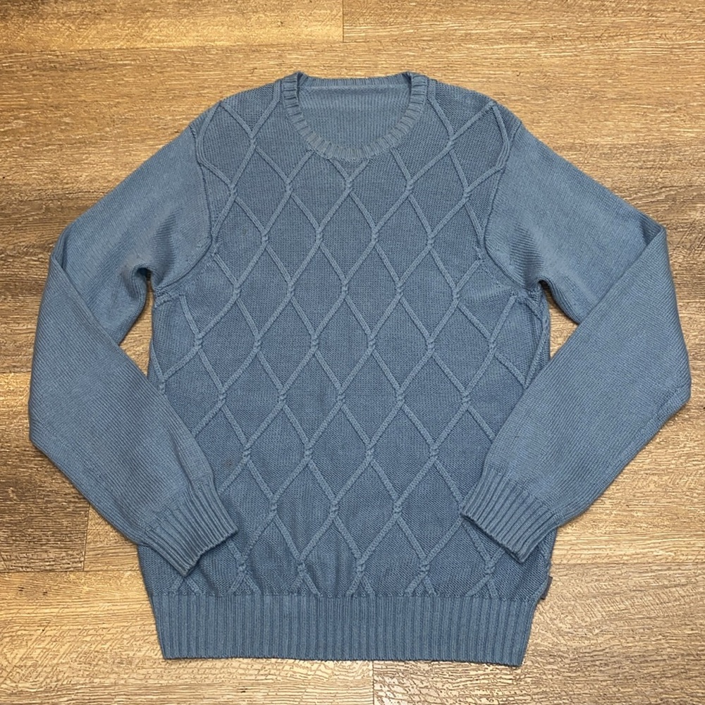 Classic Bainbridge Blue Diamond Cable Knit Pullover Crewneck Sweater Size L